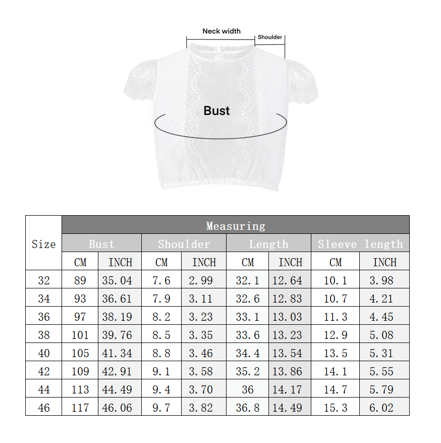 (Im KOSTENLOSEN Angebot) Damen Dirndlbluse Elegant Kurzarm Spitzebluse Weiß 32-46(21KB08)