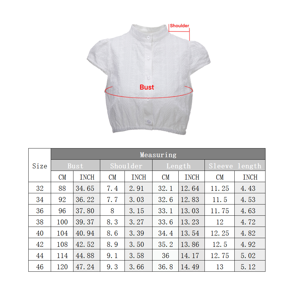 Damen Baumwolle Dirndlblusen Kurzarm Trachtenbluse Weiß 32-46（20JB011）