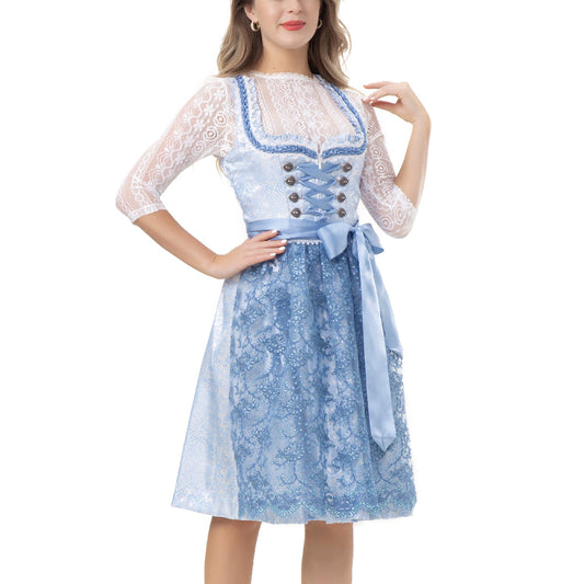 Damen Oktoberfest Midi Blau Dirndl mit Schürze 34-44(22JD6160)