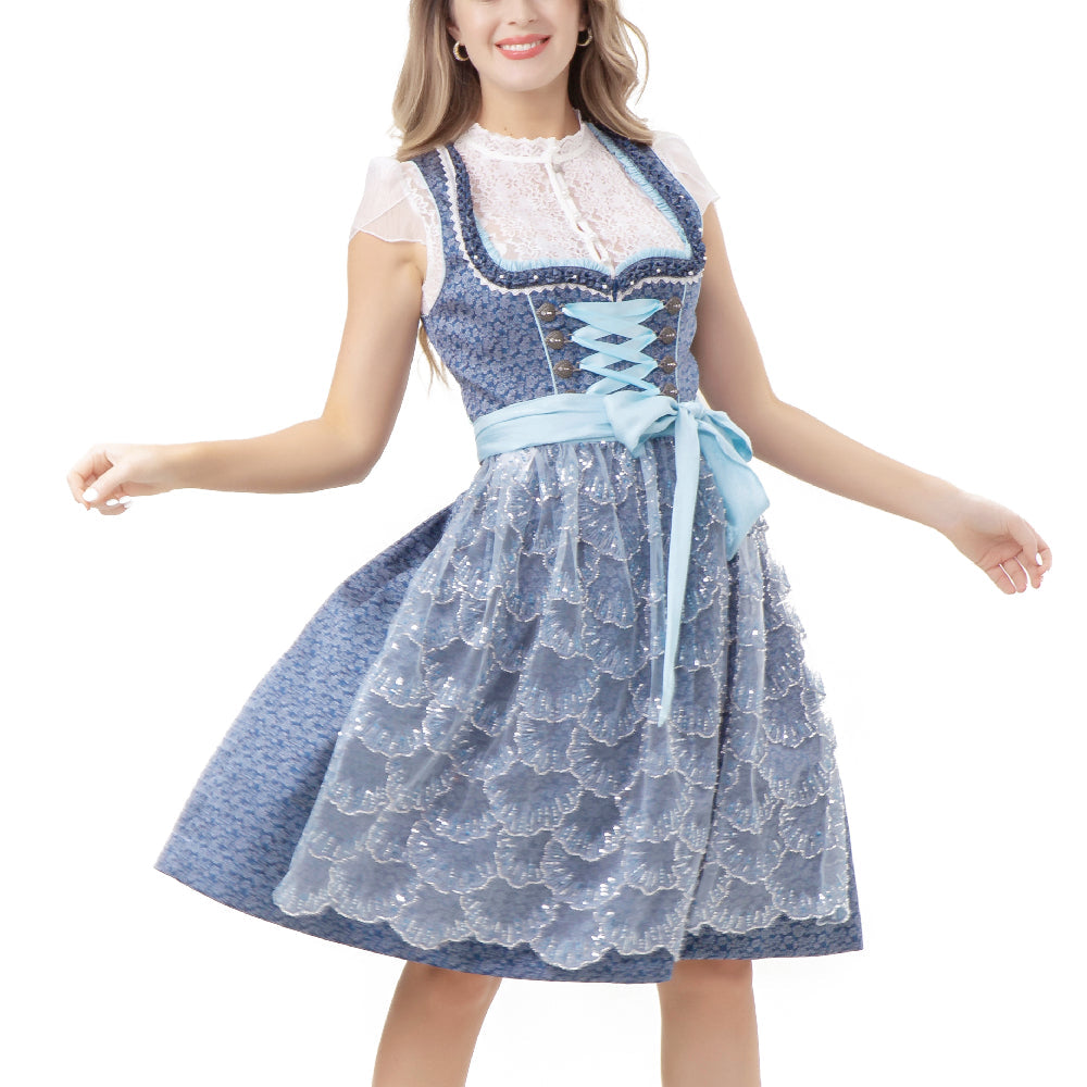 Damen Knielang Dirndl Kleid mit Spitzenschürze 34-44(22JD7360)