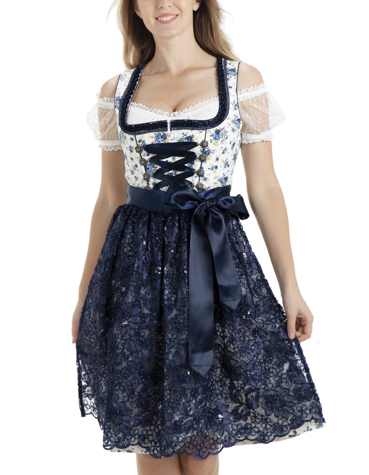 Damen Oktoberfest Dirndl Blau Midi mit Schürze 34-44(20JD3060)