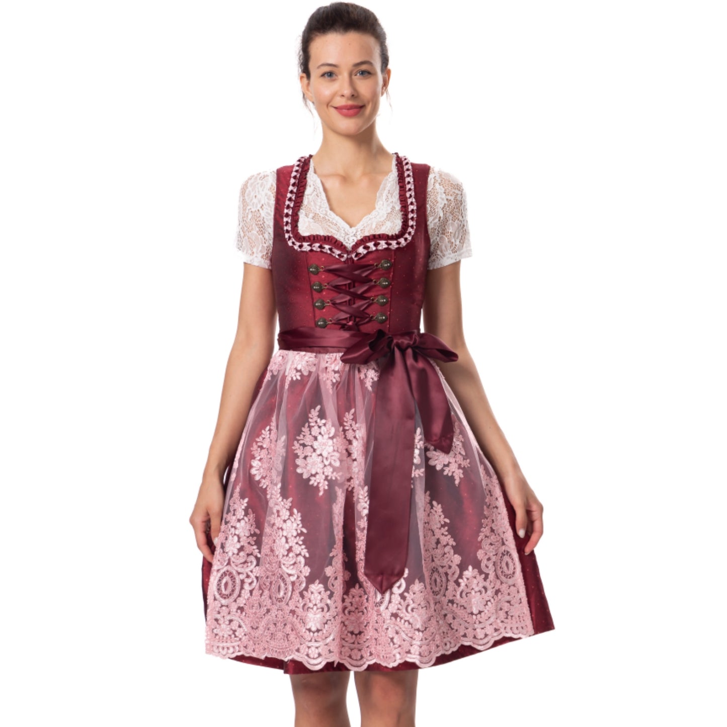 Kelliar Dirndl Rot Damen Darkrot Midi Trachten Dirndl Kleidung f. Oktoberfest Trachtenkleid Größ 34-44 Ohne Dirndlbluse