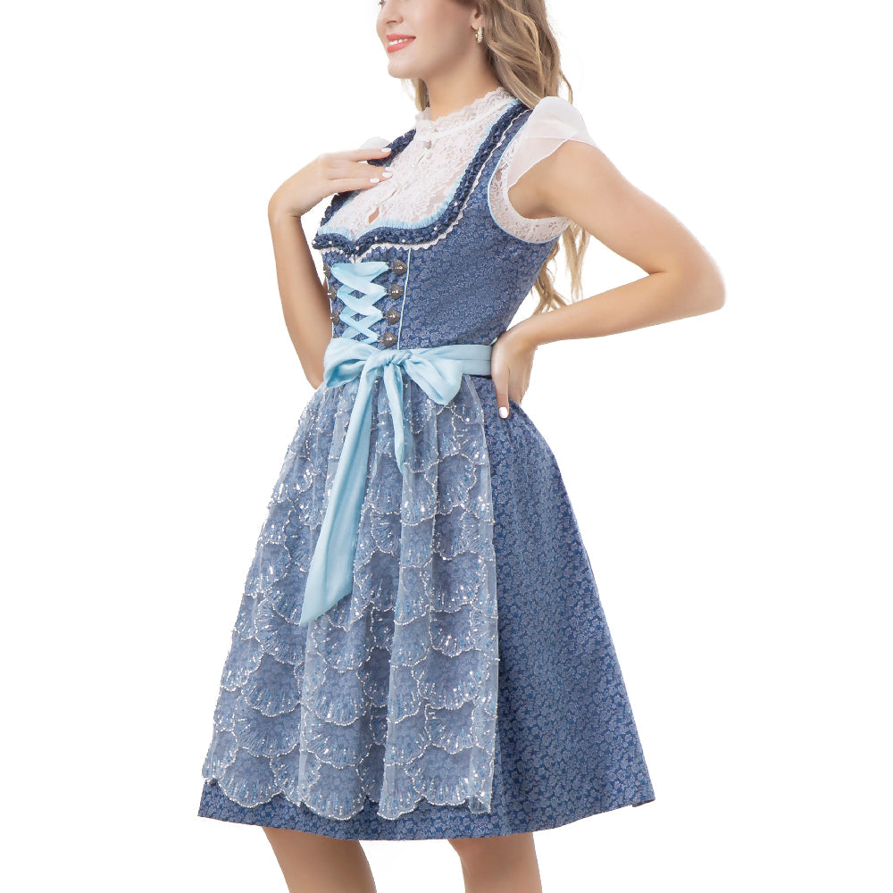 Damen Knielang Dirndl Kleid mit Spitzenschürze 34-44(22JD7360)