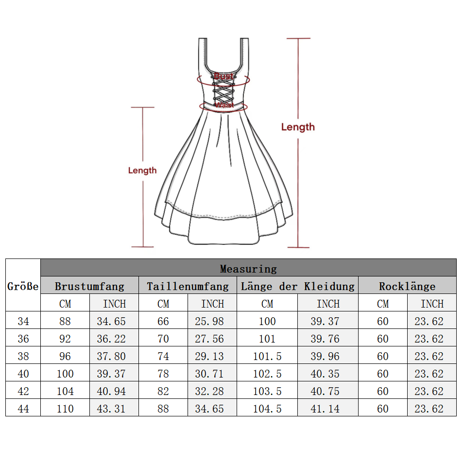 Damen Burgundisch Dirndl Midi inkl.Schürze 34-44(20JD3360)