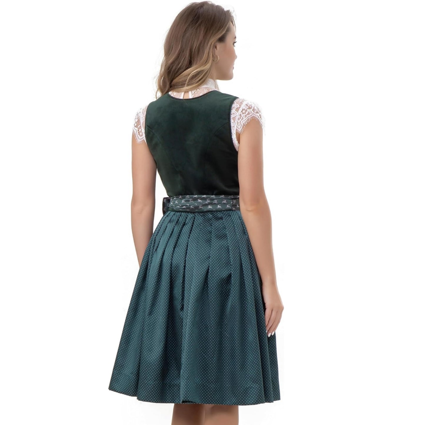 Damen Dirndl Midi Samt mit Trachtenschließe Doppelschichtige Designer Dirndlkleid Wildleder Trachtenkleid für Oktoberfest Karneval Grün 60cm