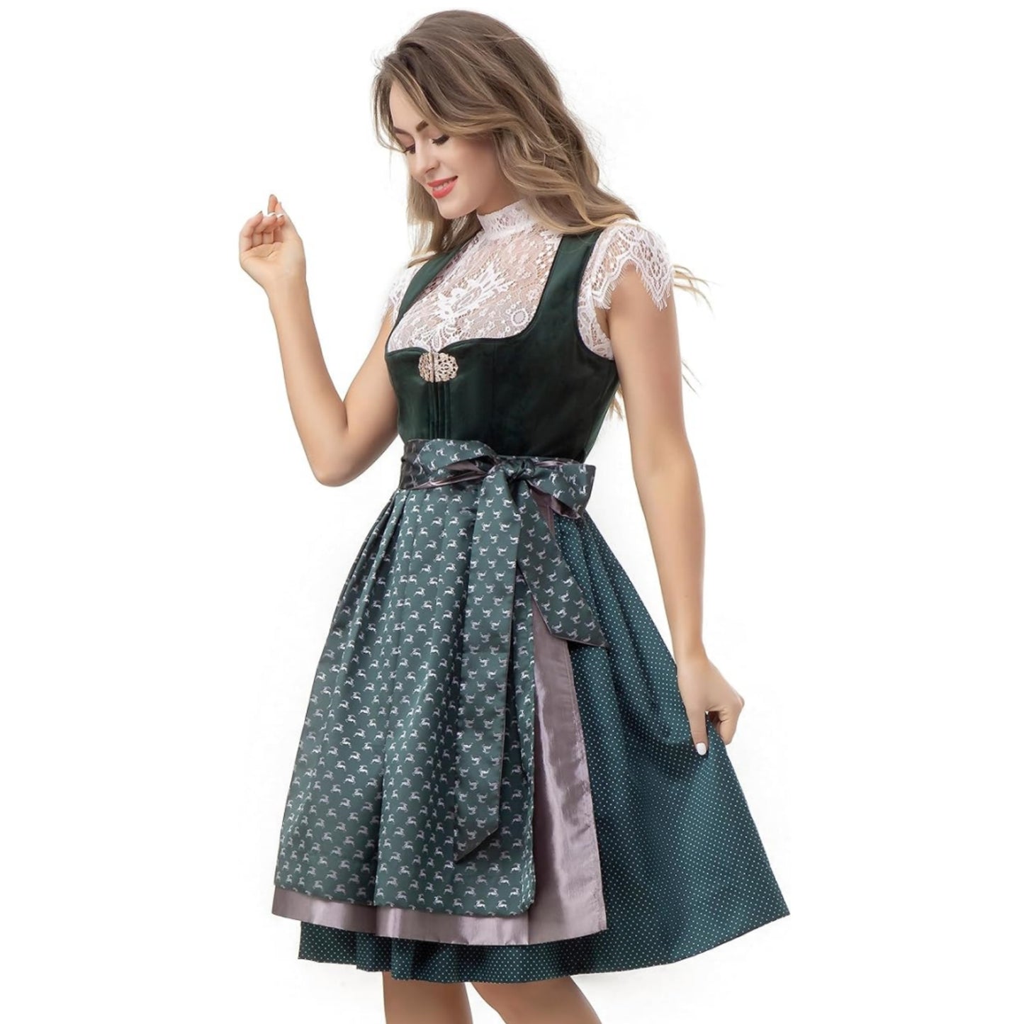 Damen Dirndl Midi Samt mit Trachtenschließe Doppelschichtige Designer Dirndlkleid Wildleder Trachtenkleid für Oktoberfest Karneval Grün 60cm