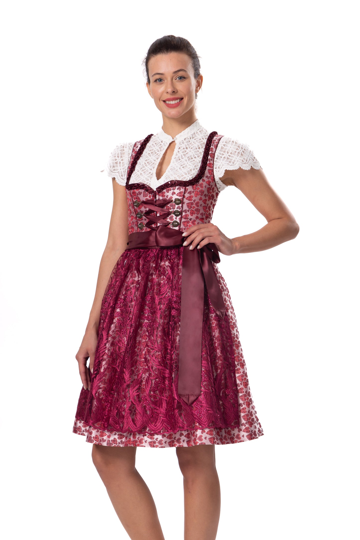 Damen Dirndl Midi Trachtenkleid mit Spitzenschürze 34-44(20JD3160)