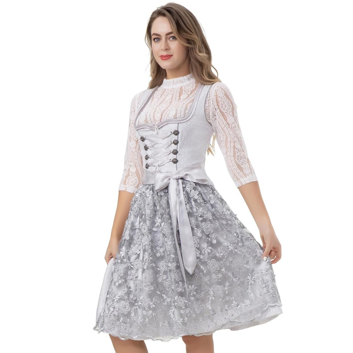 Dirndl Damen Midi Trachtenkleid f. Oktiberfest Silber Grau mit Spitzenschürze Ohne Dirndlbluse