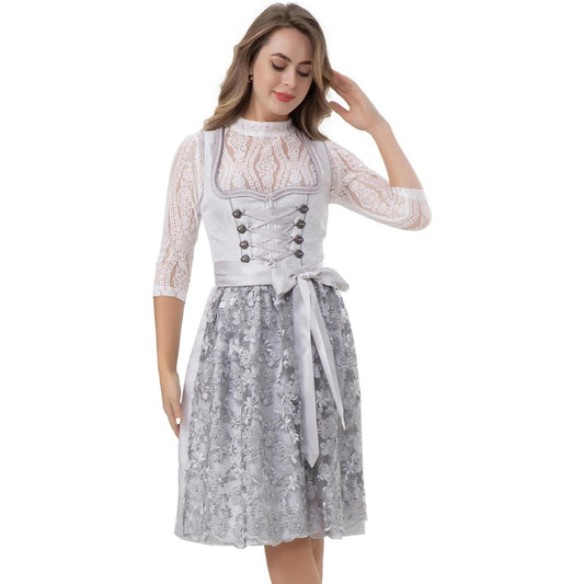 Dirndl Damen Midi Trachtenkleid f. Oktiberfest Silber Grau mit Spitzenschürze Ohne Dirndlbluse