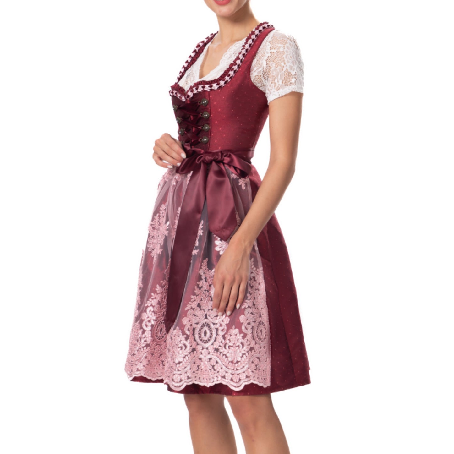 Kelliar Dirndl Rot Damen Darkrot Midi Trachten Dirndl Kleidung f. Oktoberfest Trachtenkleid Größ 34-44 Ohne Dirndlbluse