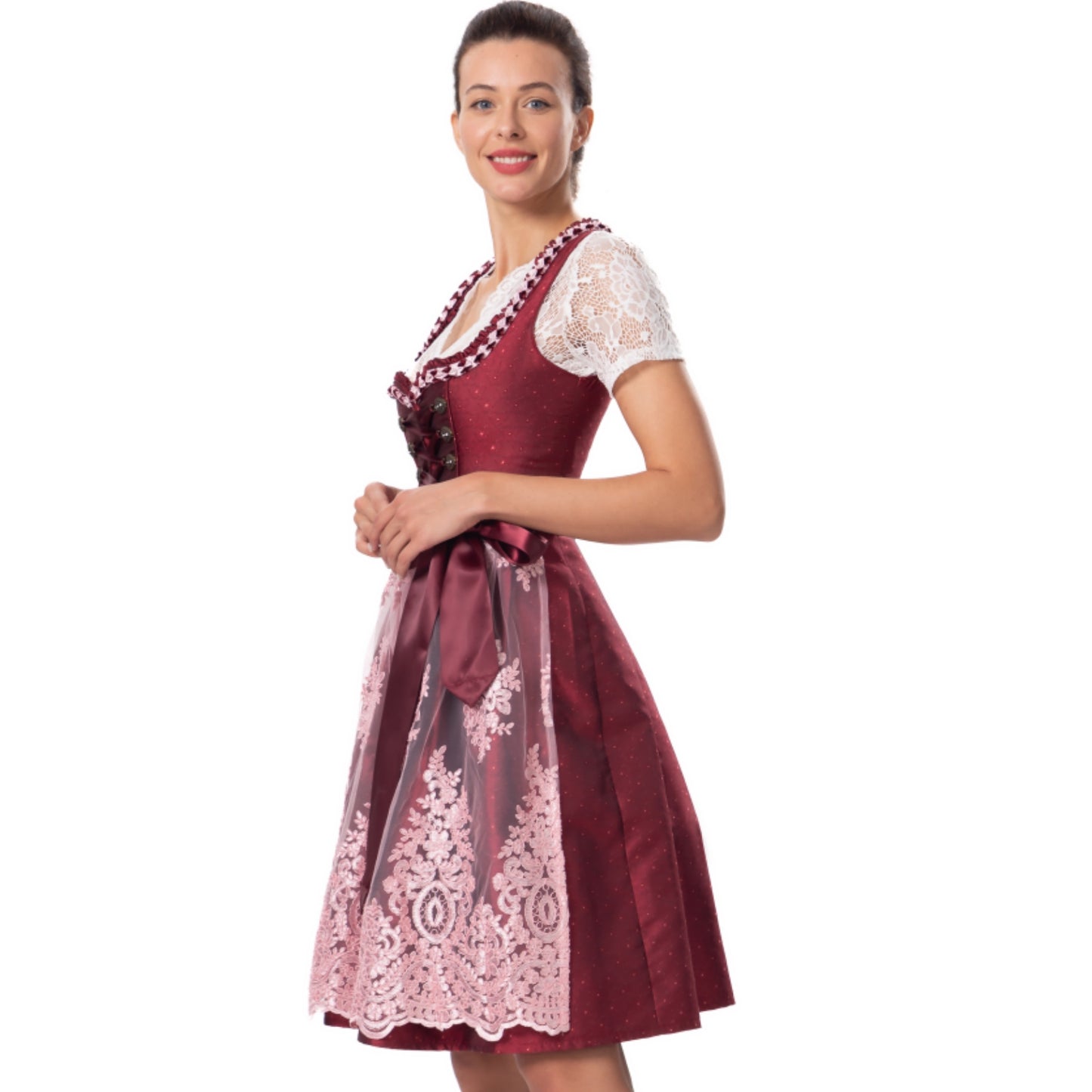 Kelliar Dirndl Rot Damen Darkrot Midi Trachten Dirndl Kleidung f. Oktoberfest Trachtenkleid Größ 34-44 Ohne Dirndlbluse