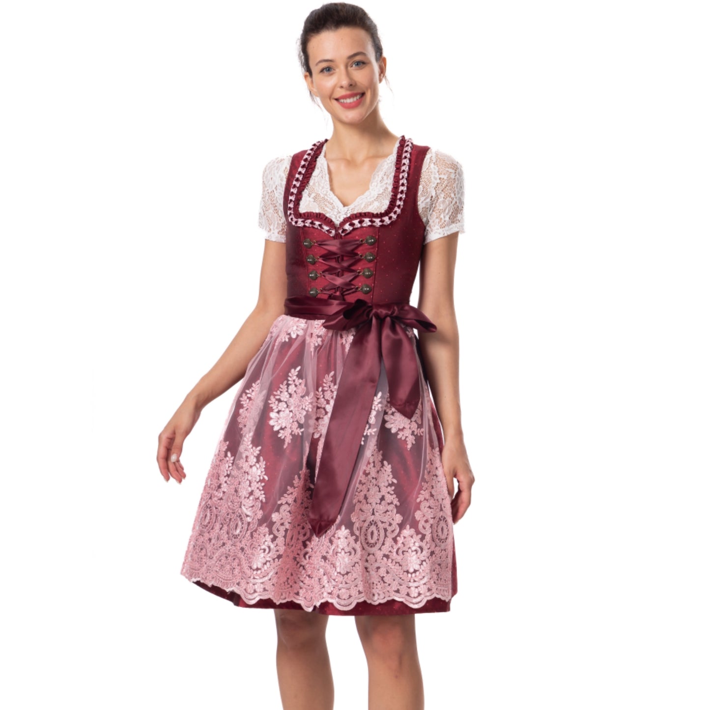 Kelliar Dirndl Rot Damen Darkrot Midi Trachten Dirndl Kleidung f. Oktoberfest Trachtenkleid Größ 34-44 Ohne Dirndlbluse