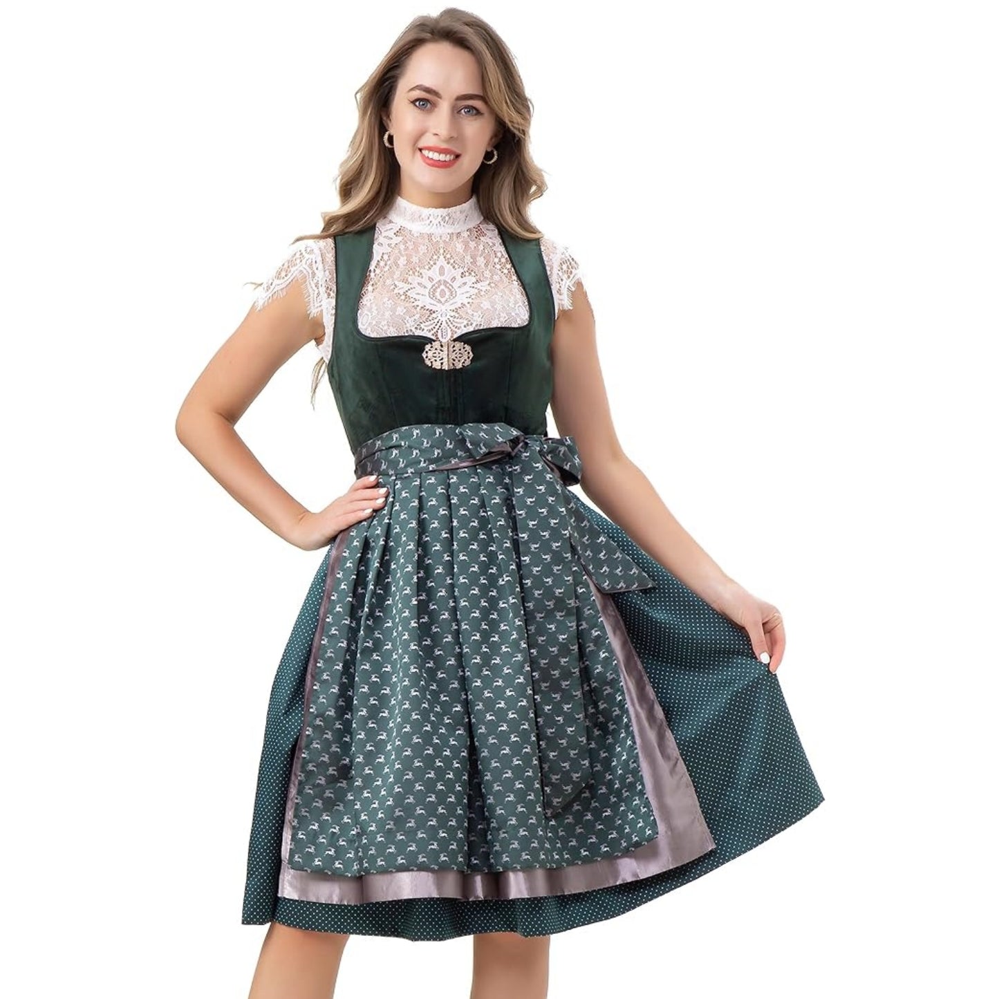 Damen Dirndl Midi Samt mit Trachtenschließe Doppelschichtige Designer Dirndlkleid Wildleder Trachtenkleid für Oktoberfest Karneval Grün 60cm